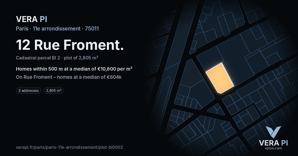 12 Rue Froment, 11e arrondissement at night – the plot lit, the parcels around coloured by the prices near them