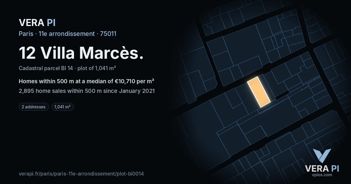 12 Villa Marcès, 11e arrondissement at night – the plot lit, the parcels around coloured by the prices near them