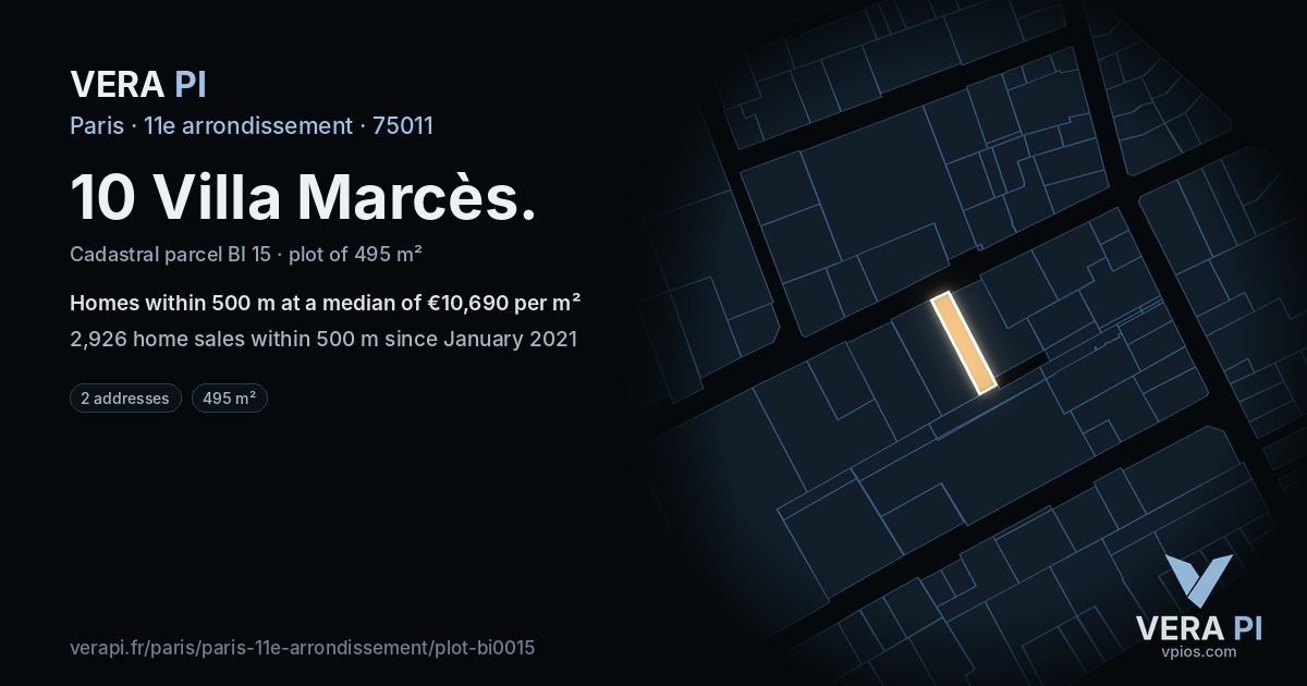 10 Villa Marcès, 11e arrondissement at night – the plot lit, the parcels around coloured by the prices near them