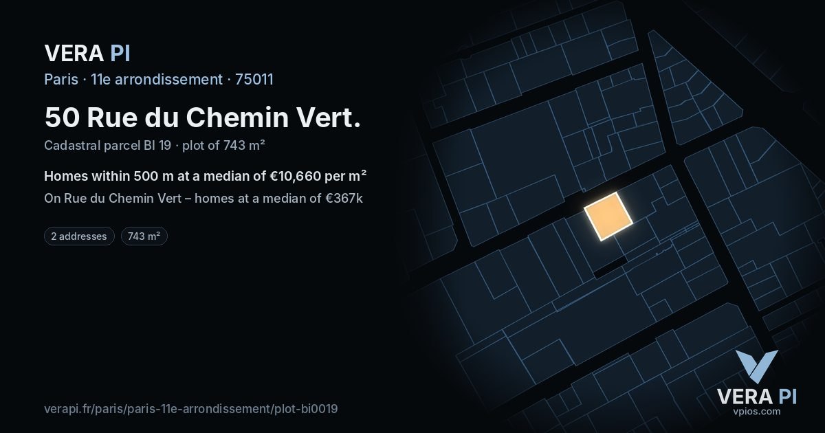 50 Rue du Chemin Vert, 11e arrondissement at night – the plot lit, the parcels around coloured by the prices near them
