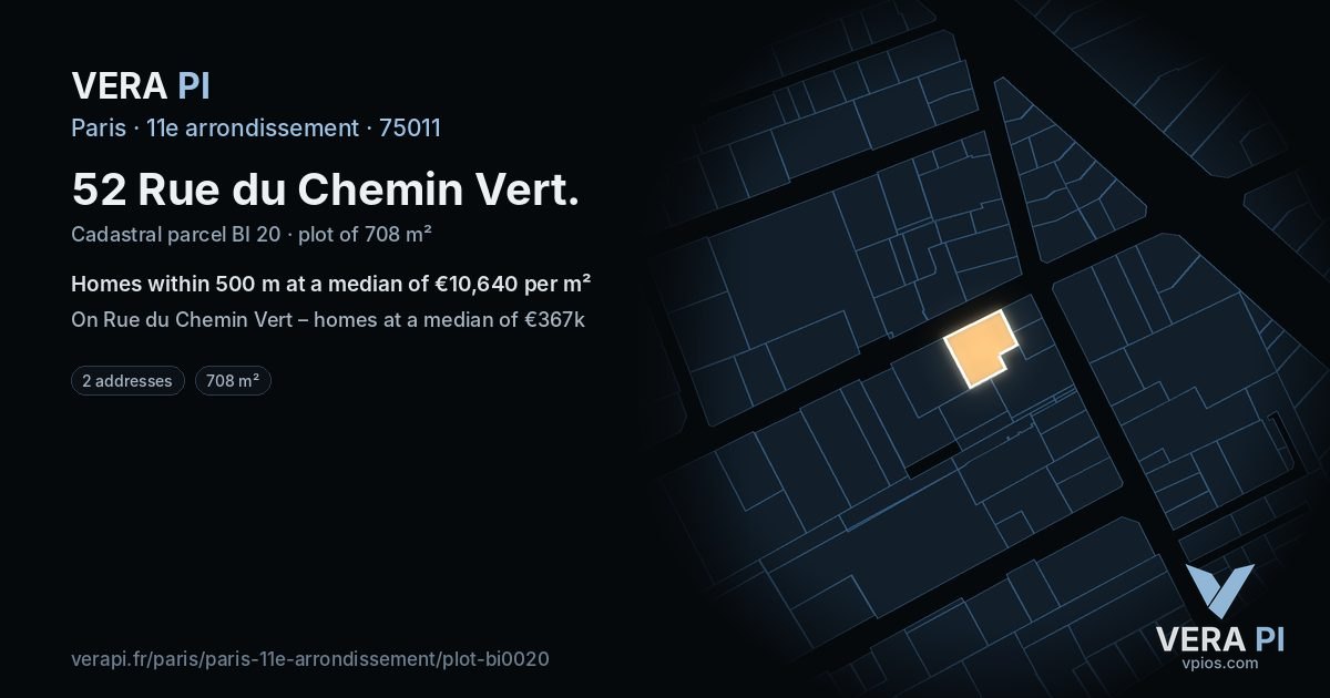 52 Rue du Chemin Vert, 11e arrondissement at night – the plot lit, the parcels around coloured by the prices near them
