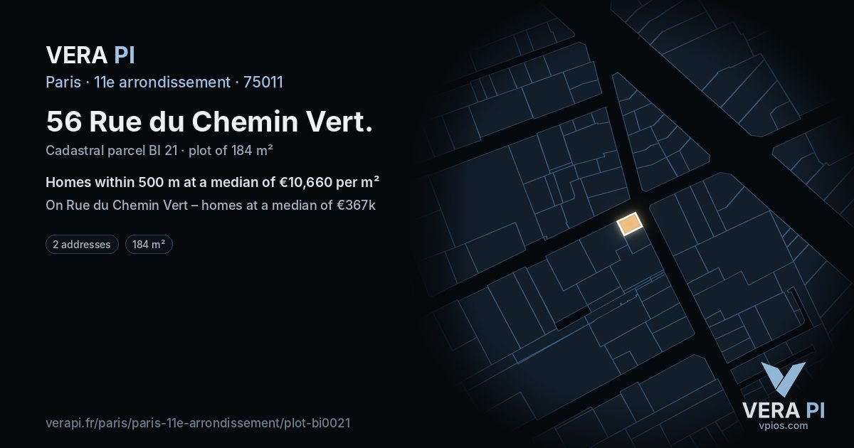 56 Rue du Chemin Vert, 11e arrondissement at night – the plot lit, the parcels around coloured by the prices near them