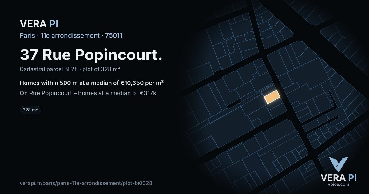 37 Rue Popincourt, 11e arrondissement at night – the plot lit, the parcels around coloured by the prices near them