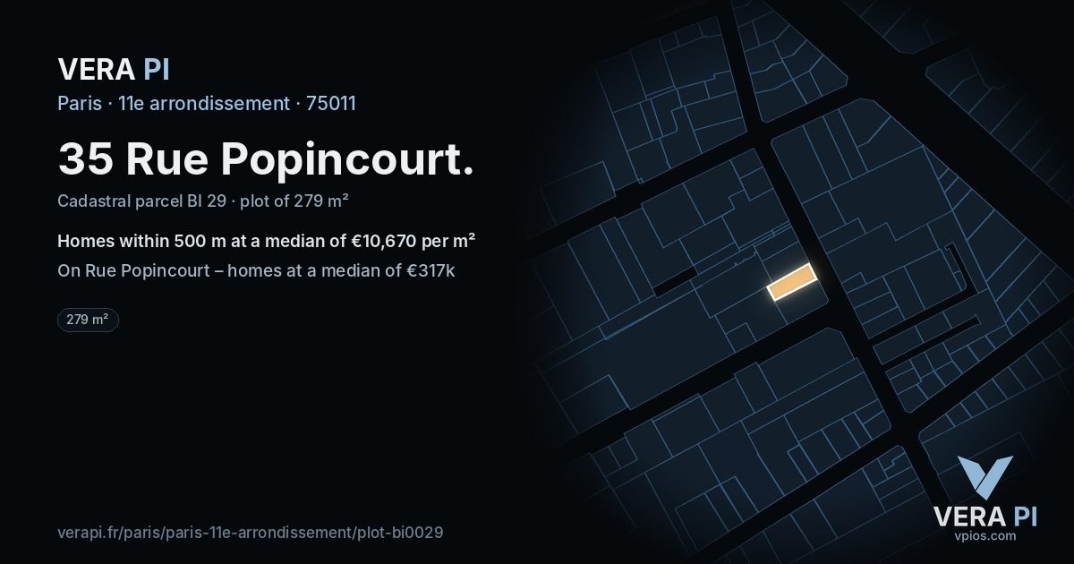 35 Rue Popincourt, 11e arrondissement at night – the plot lit, the parcels around coloured by the prices near them