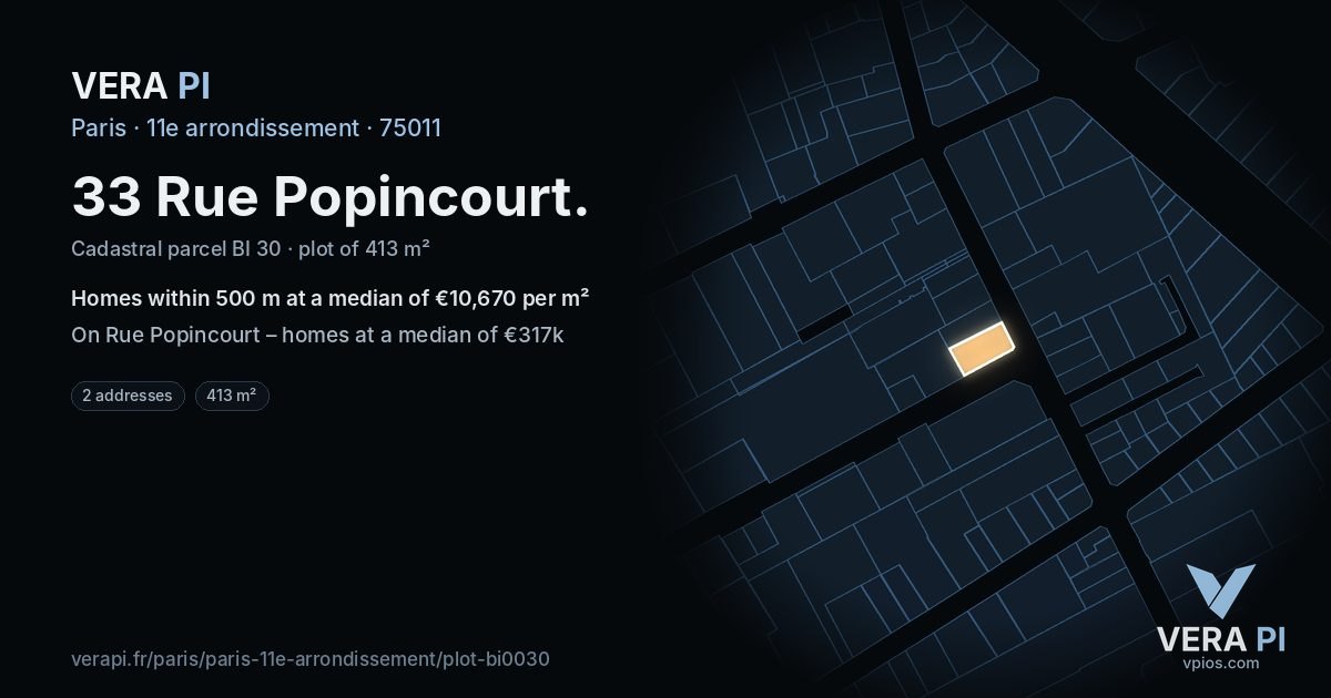 33 Rue Popincourt, 11e arrondissement at night – the plot lit, the parcels around coloured by the prices near them