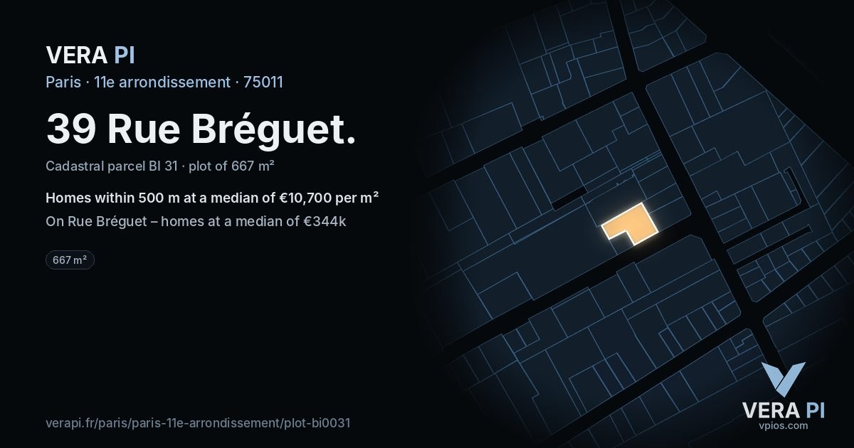 39 Rue Bréguet, 11e arrondissement at night – the plot lit, the parcels around coloured by the prices near them