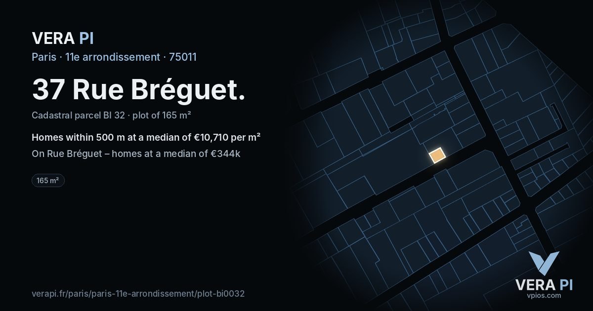 37 Rue Bréguet, 11e arrondissement at night – the plot lit, the parcels around coloured by the prices near them
