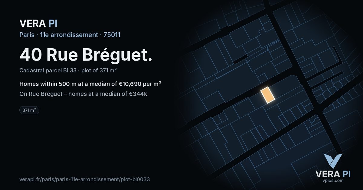 40 Rue Bréguet, 11e arrondissement at night – the plot lit, the parcels around coloured by the prices near them