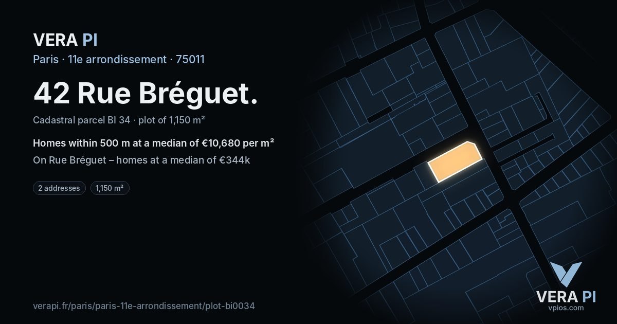 42 Rue Bréguet, 11e arrondissement at night – the plot lit, the parcels around coloured by the prices near them