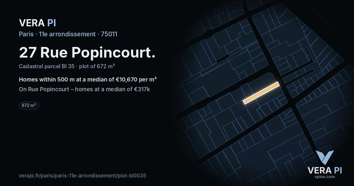 27 Rue Popincourt, 11e arrondissement at night – the plot lit, the parcels around coloured by the prices near them