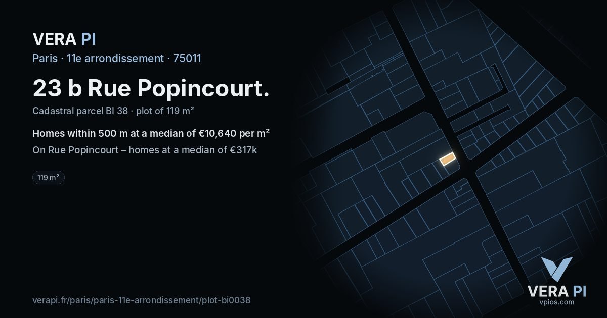 23 b Rue Popincourt, 11e arrondissement at night – the plot lit, the parcels around coloured by the prices near them