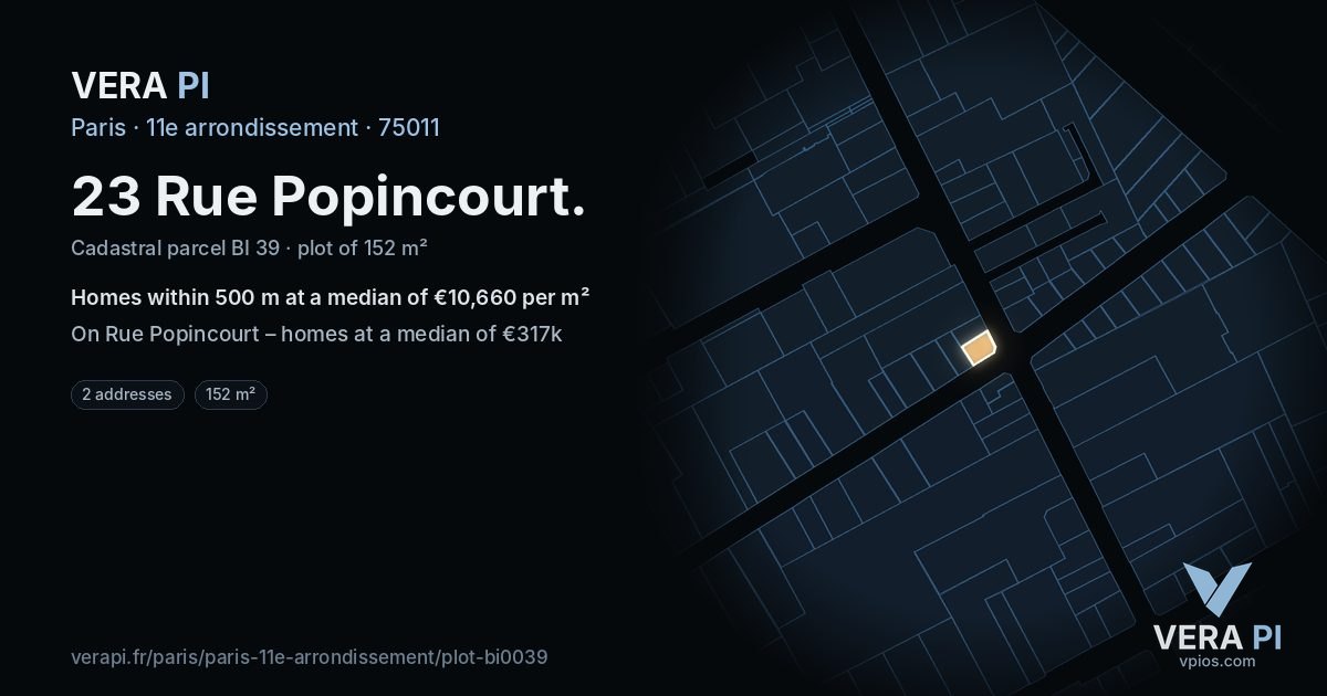 23 Rue Popincourt, 11e arrondissement at night – the plot lit, the parcels around coloured by the prices near them