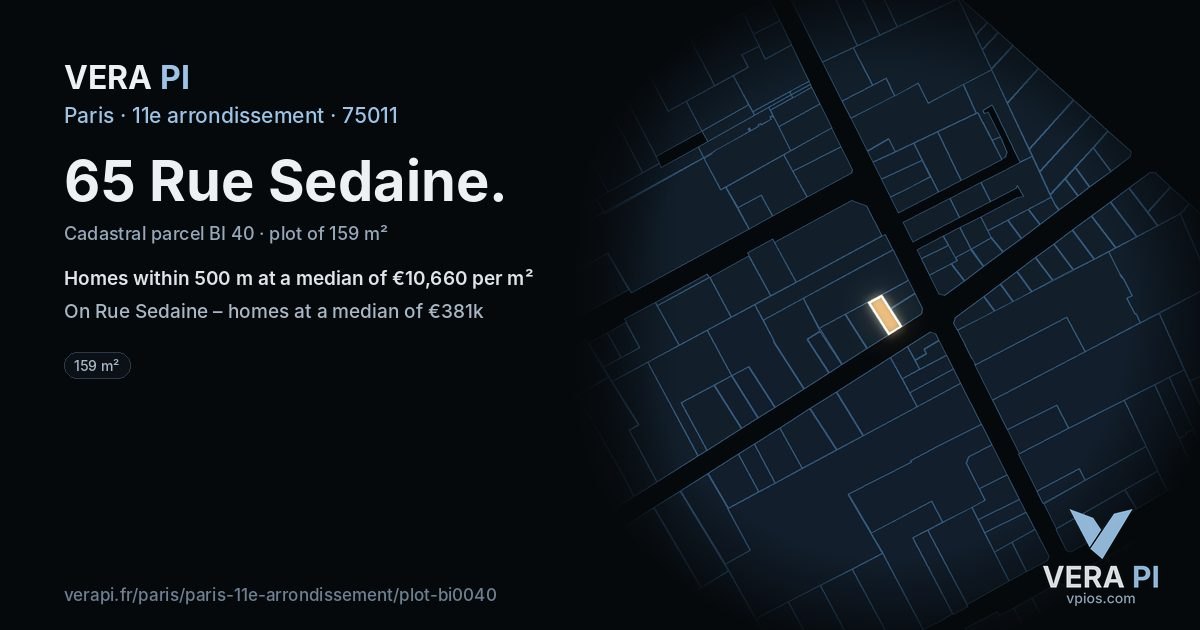 65 Rue Sedaine, 11e arrondissement at night – the plot lit, the parcels around coloured by the prices near them