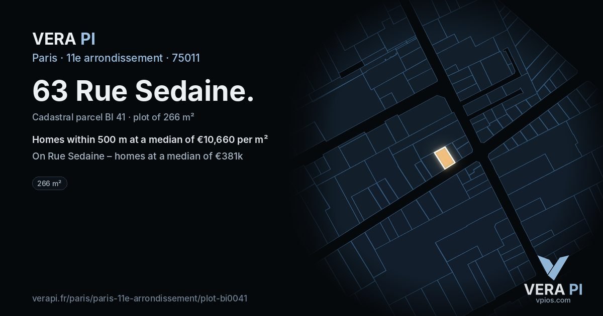 63 Rue Sedaine, 11e arrondissement at night – the plot lit, the parcels around coloured by the prices near them