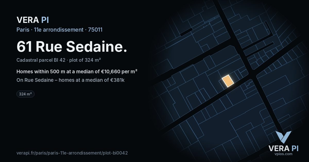 61 Rue Sedaine, 11e arrondissement at night – the plot lit, the parcels around coloured by the prices near them