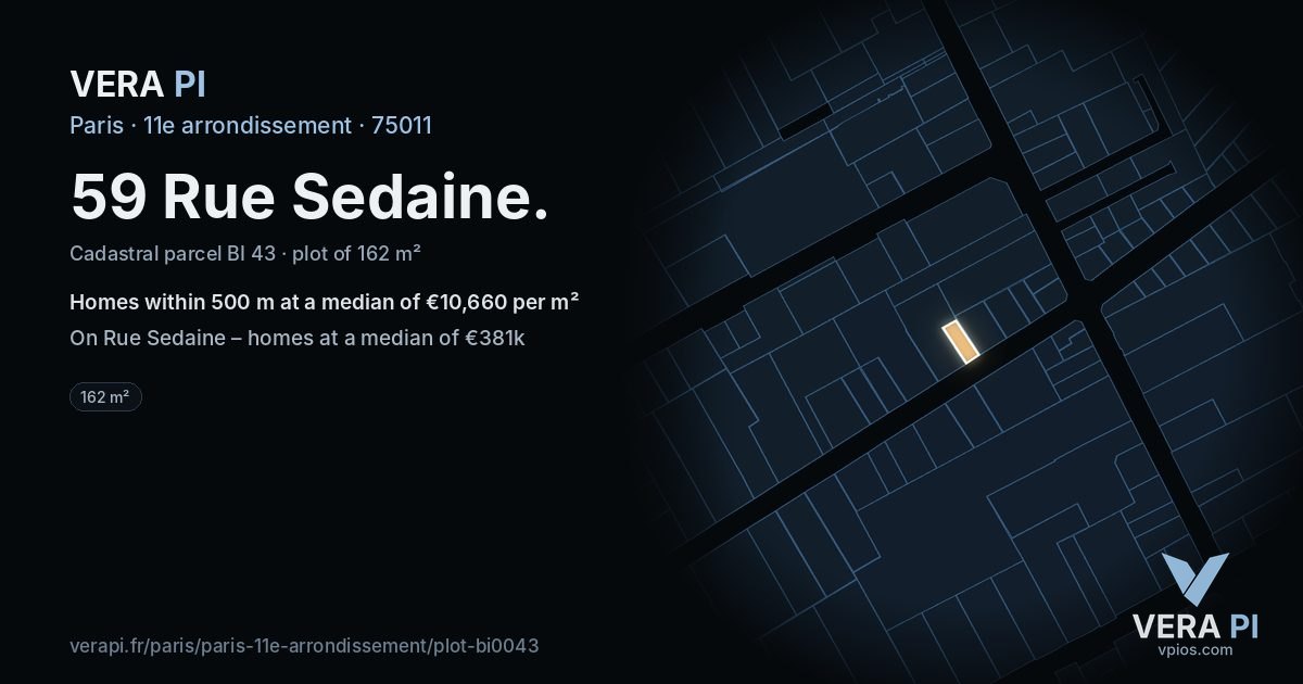 59 Rue Sedaine, 11e arrondissement at night – the plot lit, the parcels around coloured by the prices near them
