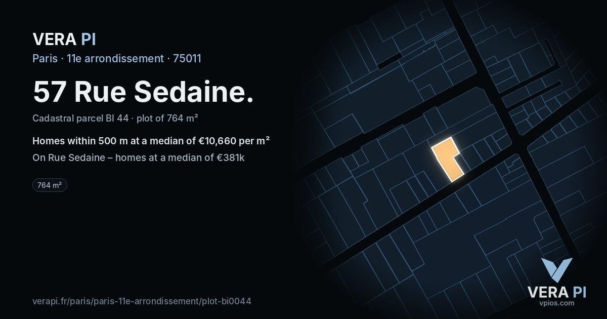 57 Rue Sedaine, 11e arrondissement at night – the plot lit, the parcels around coloured by the prices near them