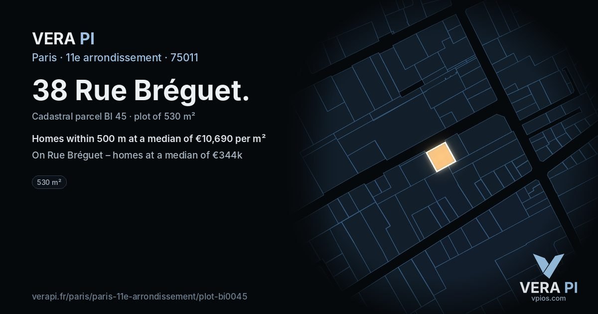 38 Rue Bréguet, 11e arrondissement at night – the plot lit, the parcels around coloured by the prices near them