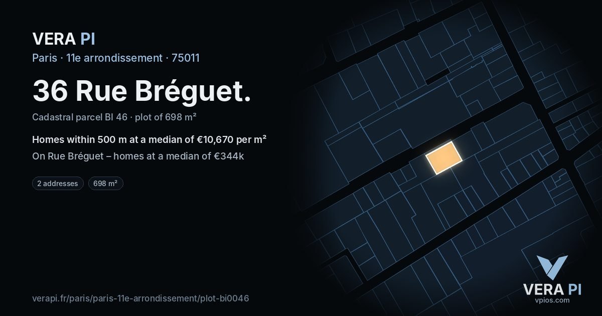 36 Rue Bréguet, 11e arrondissement at night – the plot lit, the parcels around coloured by the prices near them
