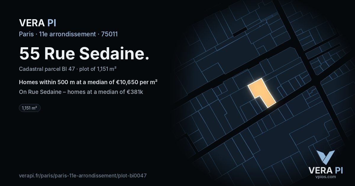 55 Rue Sedaine, 11e arrondissement at night – the plot lit, the parcels around coloured by the prices near them