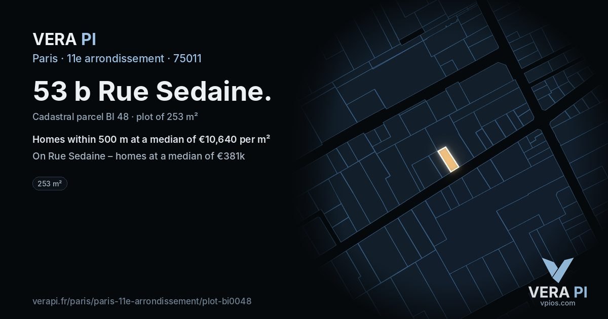 53 b Rue Sedaine, 11e arrondissement at night – the plot lit, the parcels around coloured by the prices near them