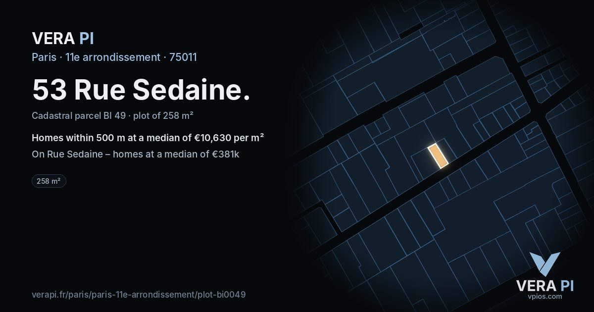 53 Rue Sedaine, 11e arrondissement at night – the plot lit, the parcels around coloured by the prices near them