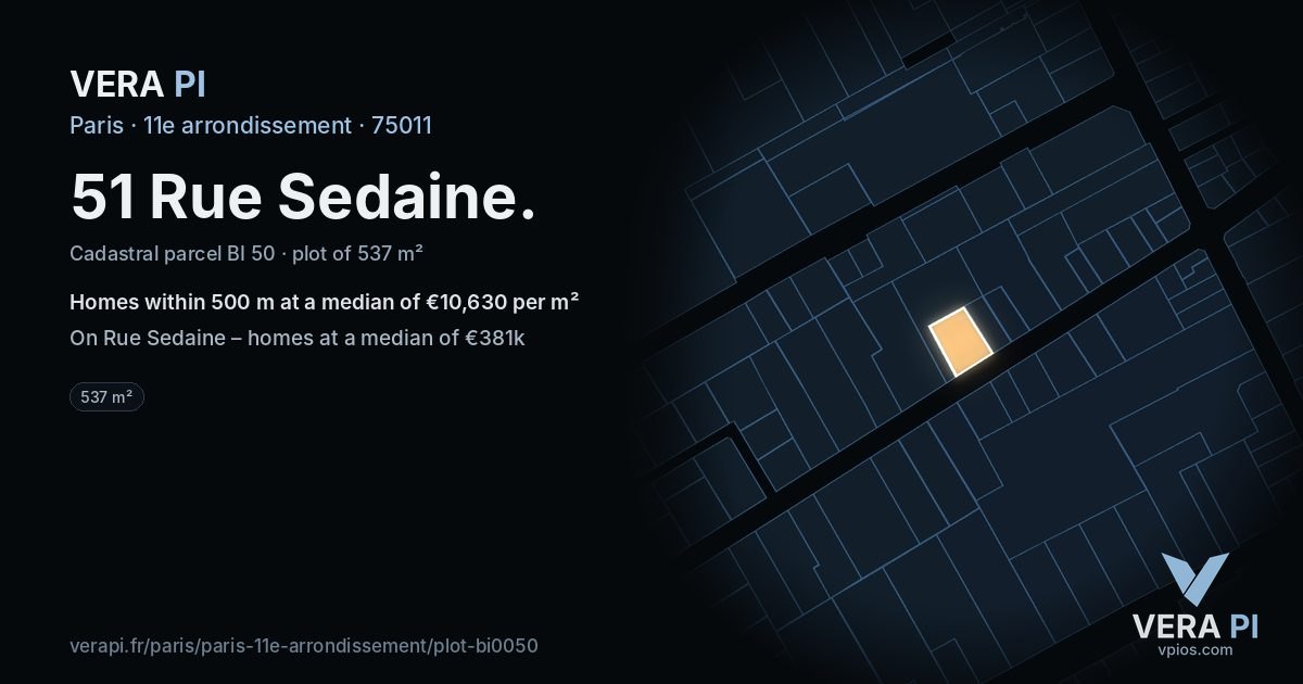 51 Rue Sedaine, 11e arrondissement at night – the plot lit, the parcels around coloured by the prices near them