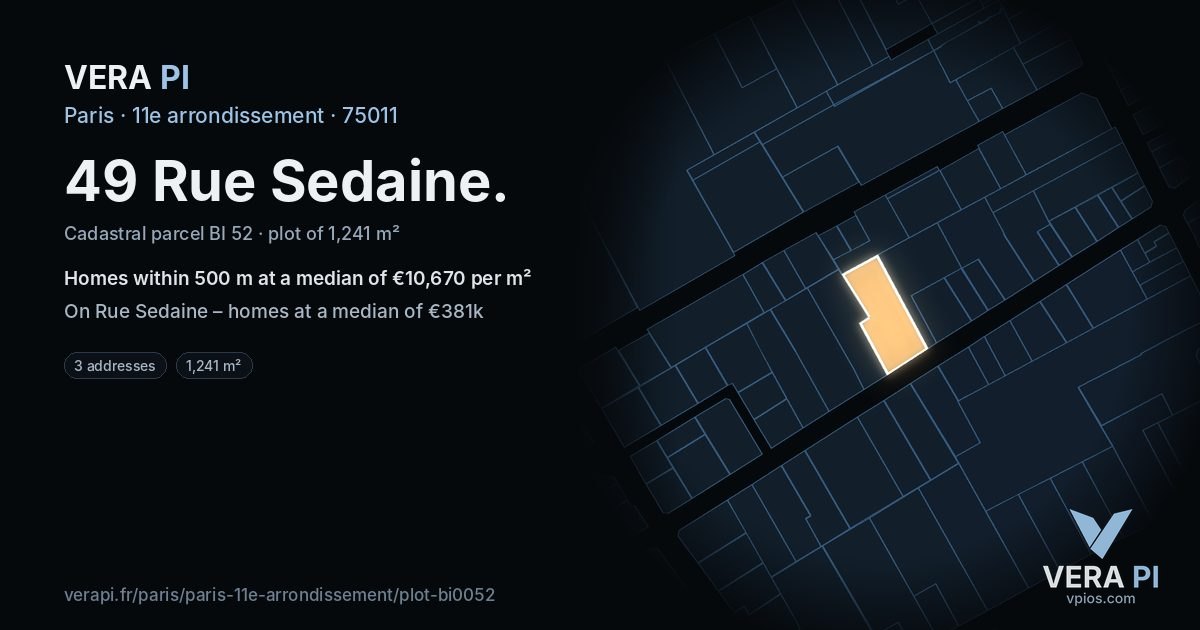 49 Rue Sedaine, 11e arrondissement at night – the plot lit, the parcels around coloured by the prices near them