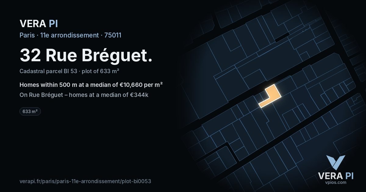 32 Rue Bréguet, 11e arrondissement at night – the plot lit, the parcels around coloured by the prices near them