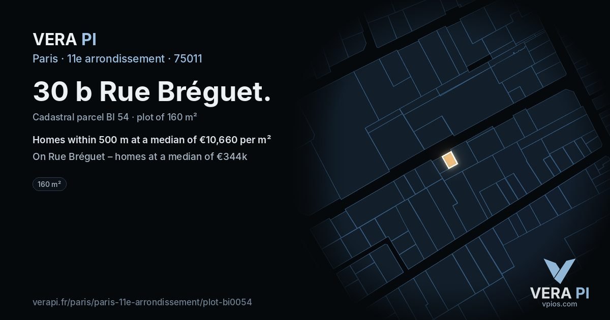 30 b Rue Bréguet, 11e arrondissement at night – the plot lit, the parcels around coloured by the prices near them