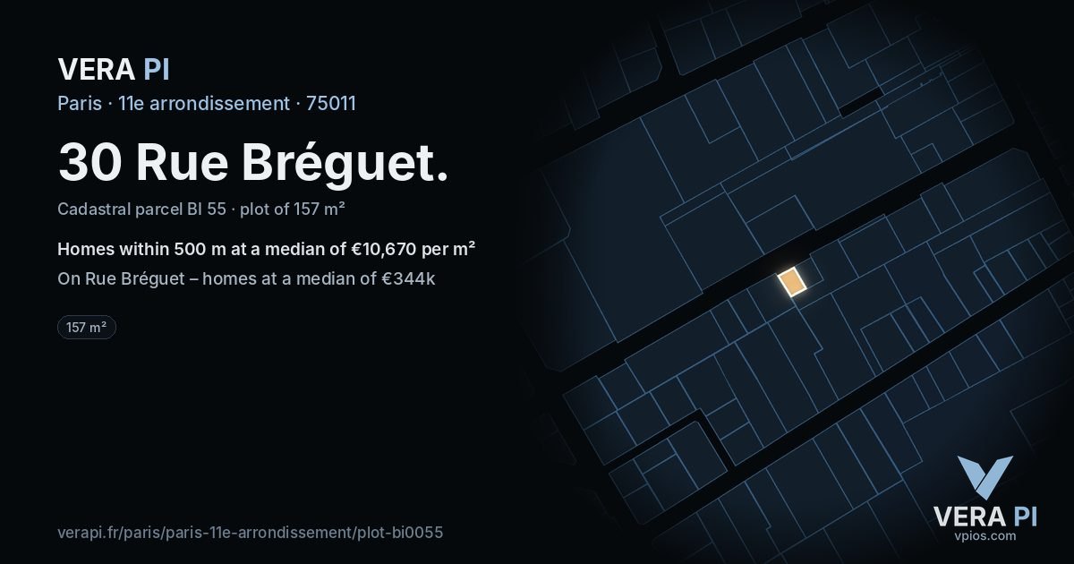 30 Rue Bréguet, 11e arrondissement at night – the plot lit, the parcels around coloured by the prices near them