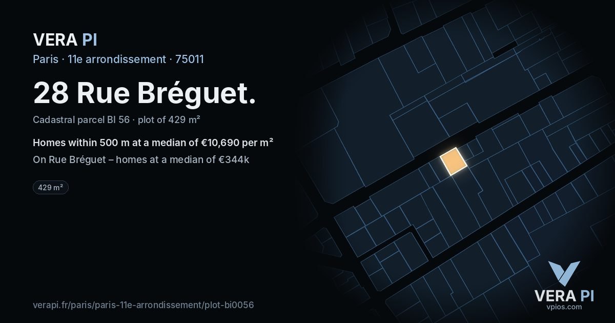 28 Rue Bréguet, 11e arrondissement at night – the plot lit, the parcels around coloured by the prices near them