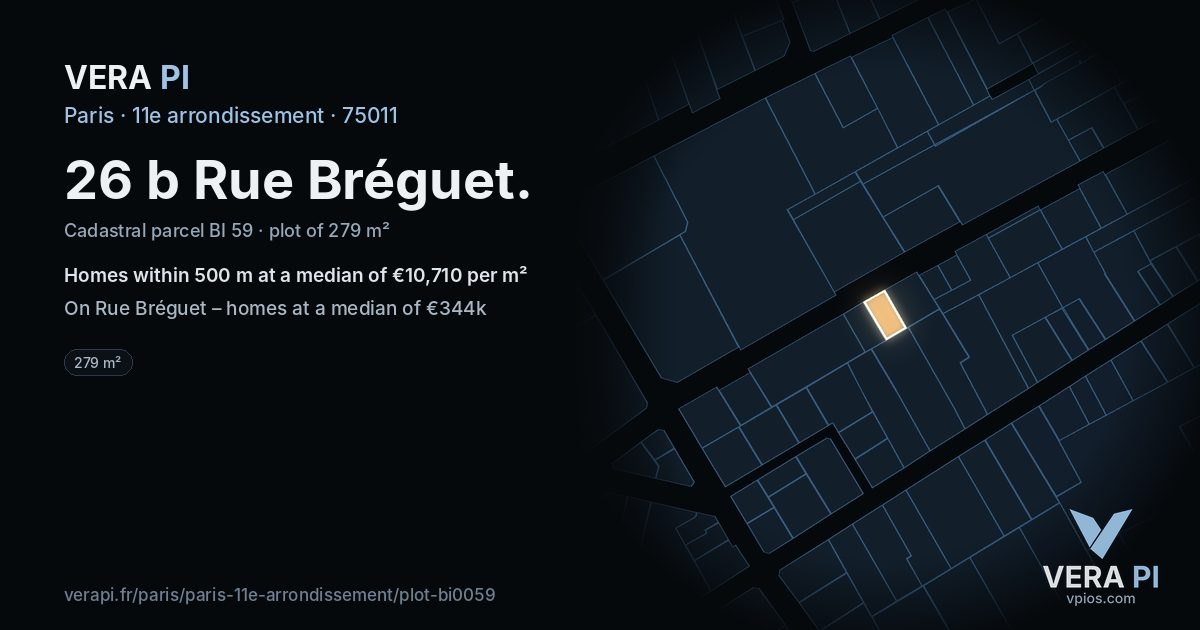 26 b Rue Bréguet, 11e arrondissement at night – the plot lit, the parcels around coloured by the prices near them