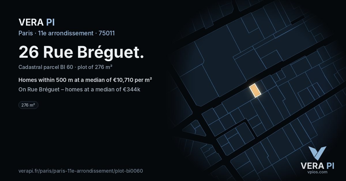 26 Rue Bréguet, 11e arrondissement at night – the plot lit, the parcels around coloured by the prices near them