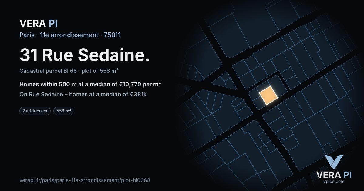 31 Rue Sedaine, 11e arrondissement at night – the plot lit, the parcels around coloured by the prices near them