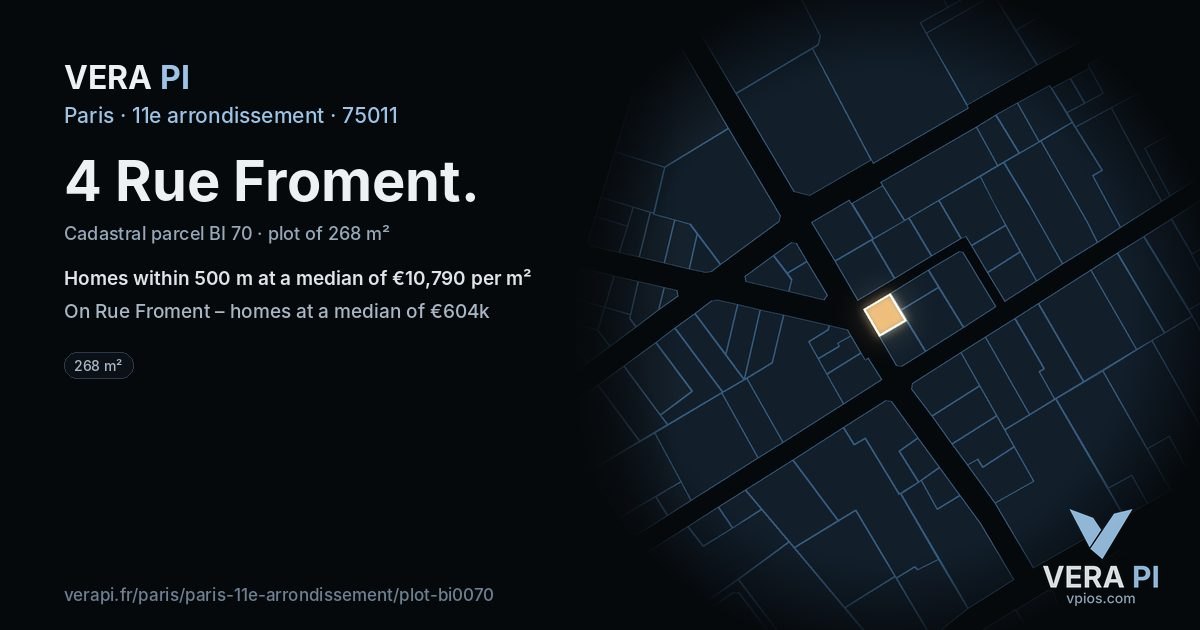 4 Rue Froment, 11e arrondissement at night – the plot lit, the parcels around coloured by the prices near them