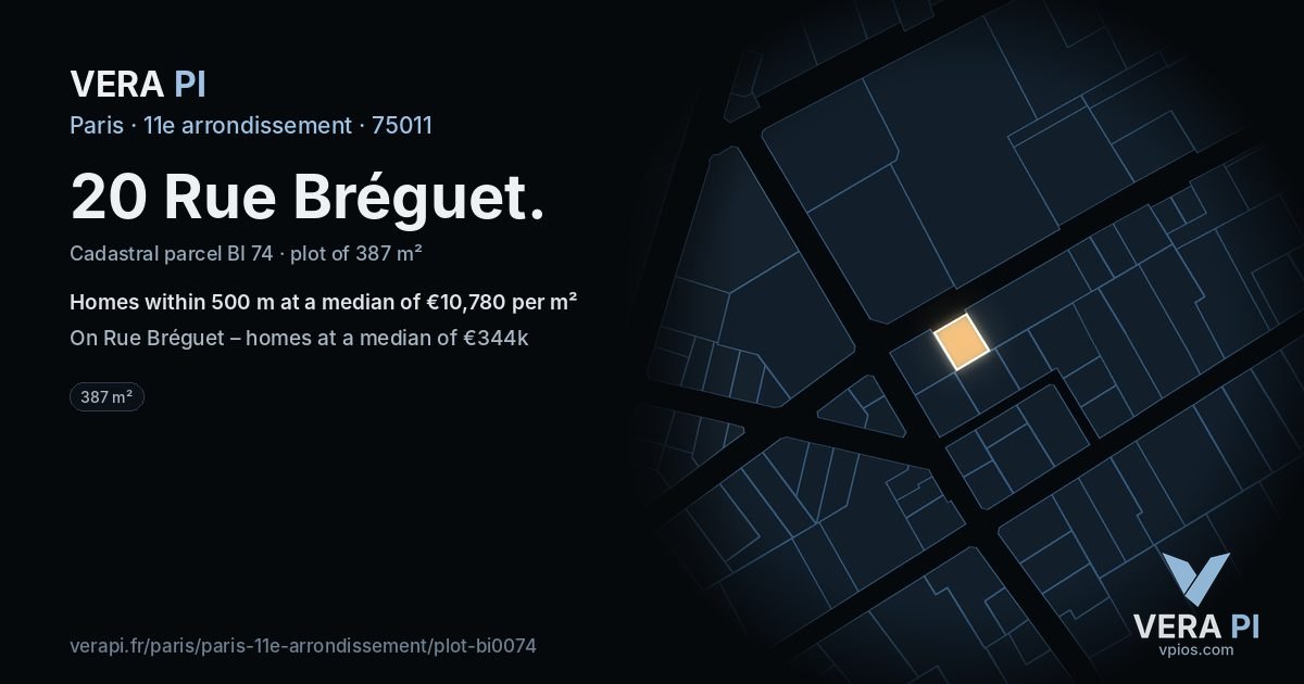 20 Rue Bréguet, 11e arrondissement at night – the plot lit, the parcels around coloured by the prices near them