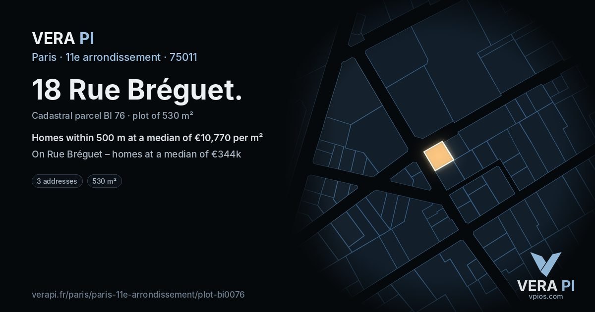 18 Rue Bréguet, 11e arrondissement at night – the plot lit, the parcels around coloured by the prices near them