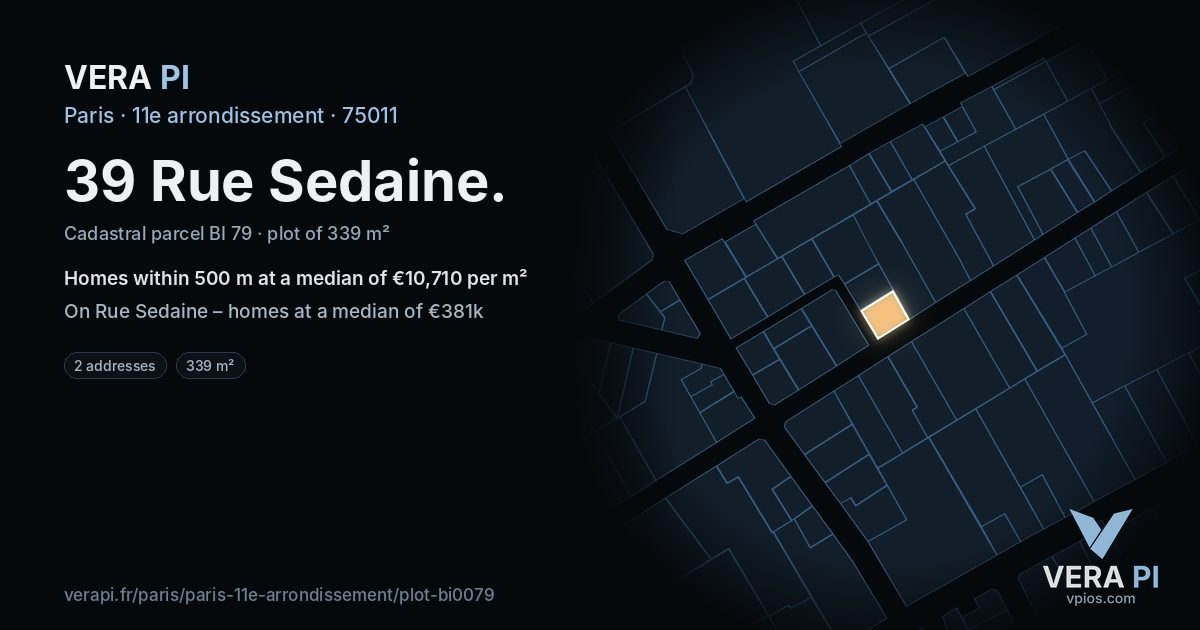 39 Rue Sedaine, 11e arrondissement at night – the plot lit, the parcels around coloured by the prices near them