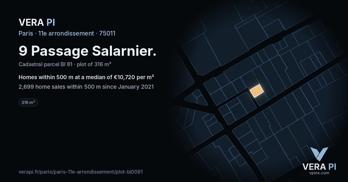 9 Passage Salarnier, 11e arrondissement at night – the plot lit, the parcels around coloured by the prices near them