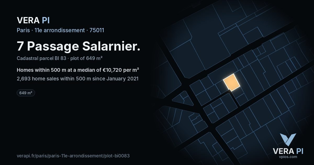 7 Passage Salarnier, 11e arrondissement at night – the plot lit, the parcels around coloured by the prices near them