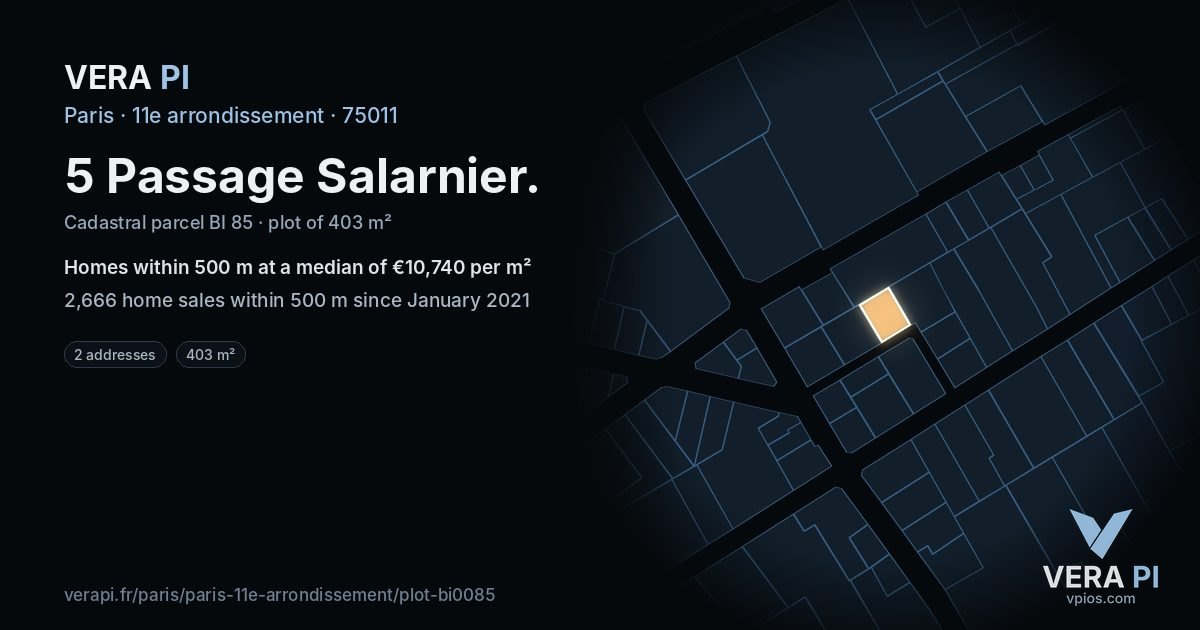 5 Passage Salarnier, 11e arrondissement at night – the plot lit, the parcels around coloured by the prices near them
