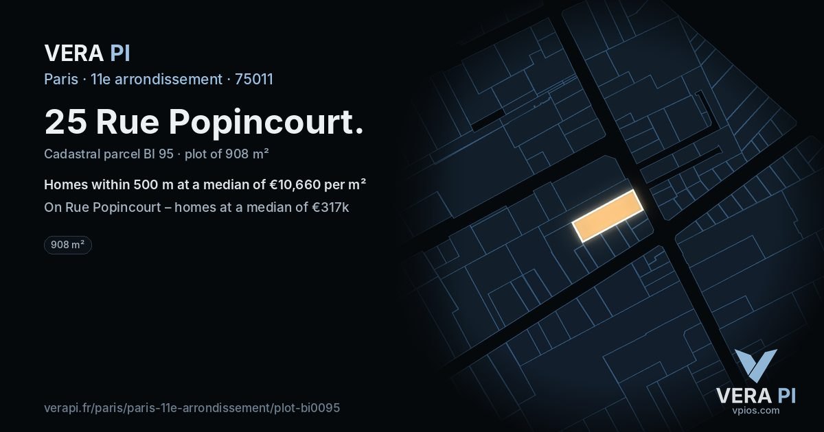 25 Rue Popincourt, 11e arrondissement at night – the plot lit, the parcels around coloured by the prices near them