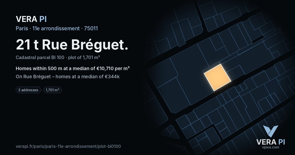21 t Rue Bréguet, 11e arrondissement at night – the plot lit, the parcels around coloured by the prices near them
