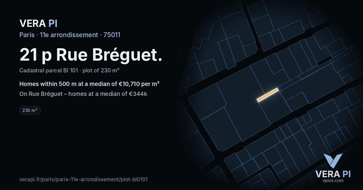 21 p Rue Bréguet, 11e arrondissement at night – the plot lit, the parcels around coloured by the prices near them