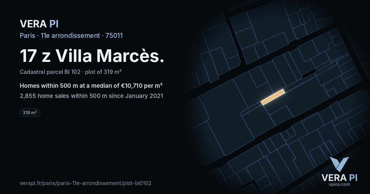 17 z Villa Marcès, 11e arrondissement at night – the plot lit, the parcels around coloured by the prices near them