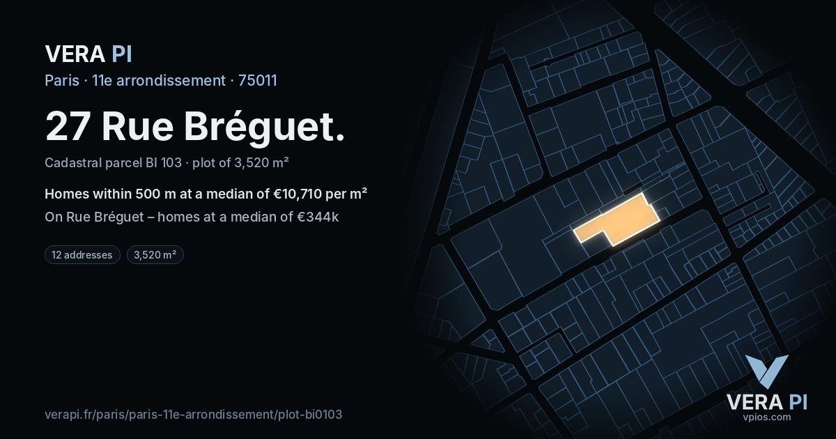 27 Rue Bréguet, 11e arrondissement at night – the plot lit, the parcels around coloured by the prices near them