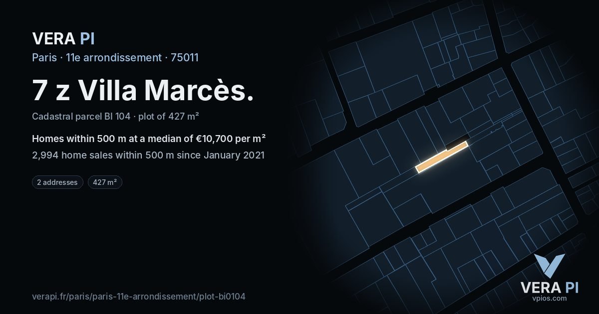 7 z Villa Marcès, 11e arrondissement at night – the plot lit, the parcels around coloured by the prices near them