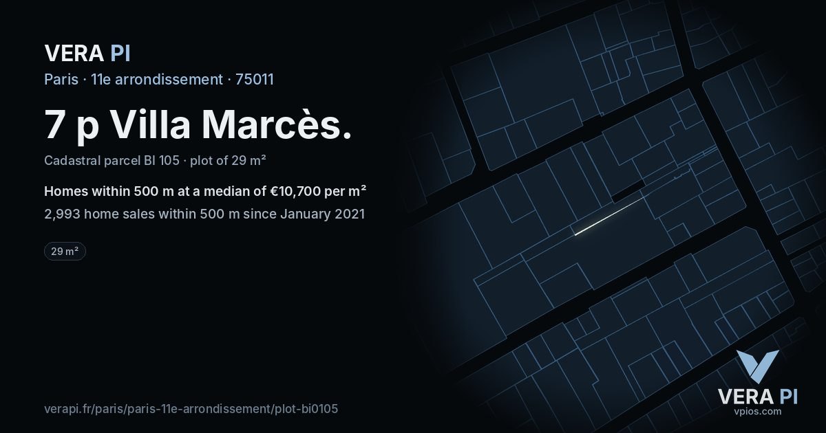 7 p Villa Marcès, 11e arrondissement at night – the plot lit, the parcels around coloured by the prices near them
