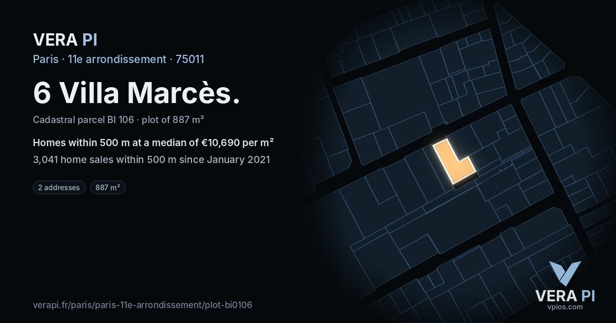 6 Villa Marcès, 11e arrondissement at night – the plot lit, the parcels around coloured by the prices near them